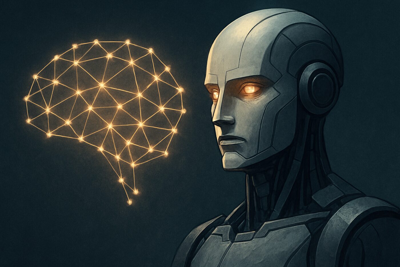 AI robot looking at neural network stylized brain